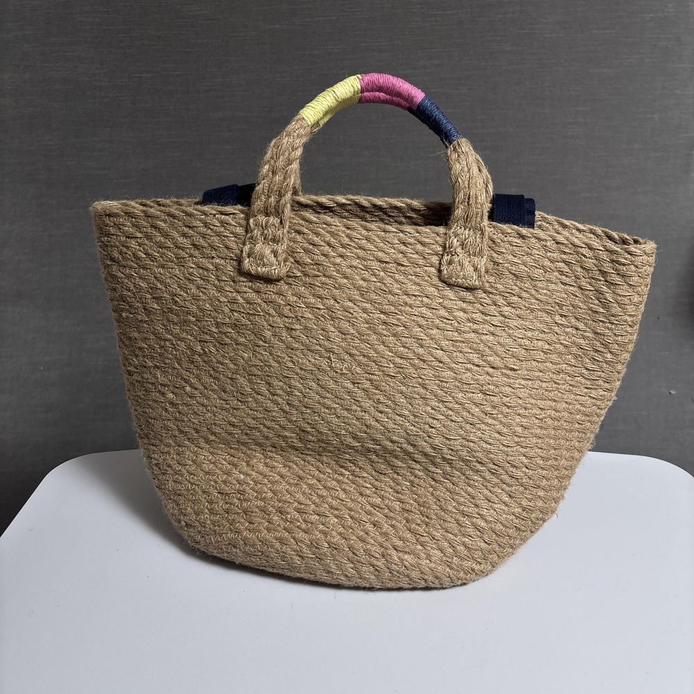 GAP Tote Bag Natural Jute Double Navy Straps Handle Beach Boho Summer Nautical - Picture 6 of 16